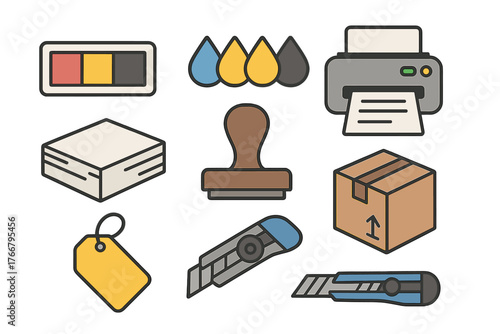 Essential office supplies and printing equipment including ink, paper, printer, stamp, and box