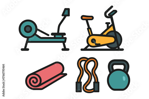 Set of essential gym equipment icons for fitness and workout routines