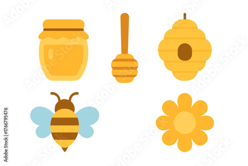 Collection of honey and beekeeping icons including jar, dipper, bee, flower, and beehive
