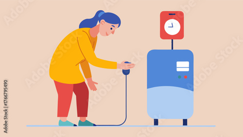 A caregiver checking the temperature setting on a water heater making sure it is not too hot and may pose a burn risk for someone with cognitive impairments.. Vector illustration