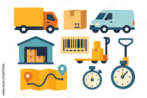 Set of logistics and delivery icons showing transport vehicles, warehouse, and tracking tools
