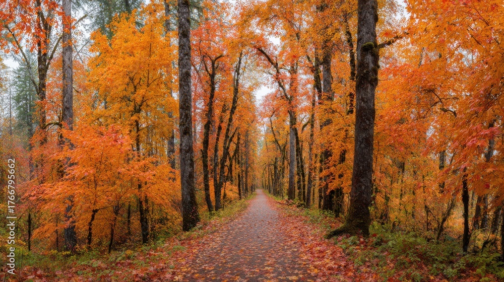Obraz premium Pathway Through Vibrant Autumn Forest With Orange And Red Foliage. Serene Nature Walk In Fall Season