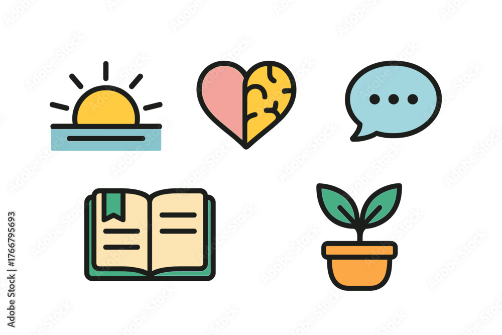 Fototapeta premium Colorful icon set symbolizing wellness, mental health, education, and personal growth