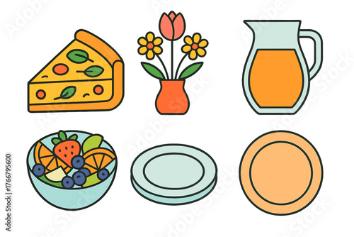 Colorful dining and meal icons featuring pizza, fruit salad, juice pitcher, and floral centerpiece