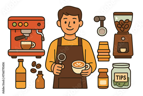 Friendly barista holding a portafilter and latte art coffee cup surrounded by essential cafe equipment