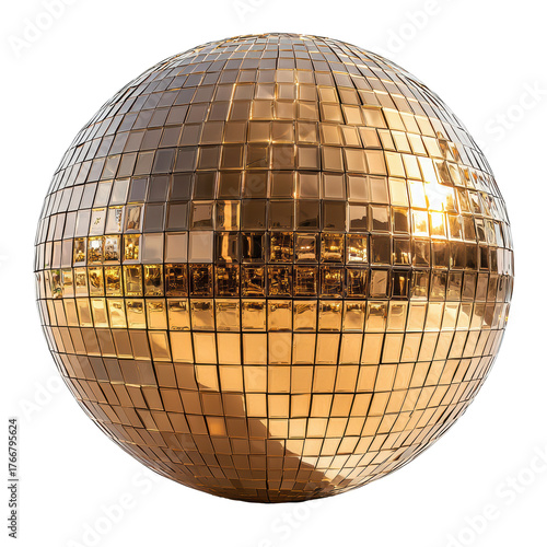 Golden Disco Ball With Mirror Tiles Isolated on Transparent Background