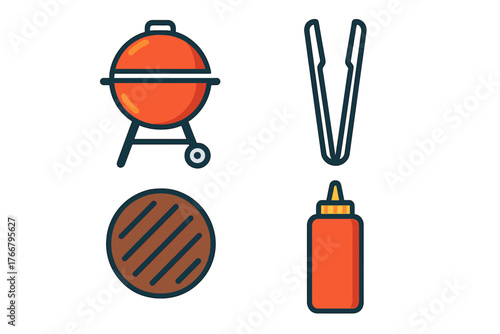 Portable grill, tongs, meat patty, and sauce bottle for barbecue and grilling