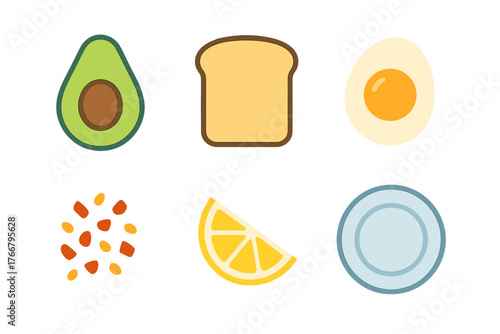 Healthy breakfast ingredients set with avocado toast egg and citrus fruit