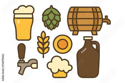 Essential elements for craft beer brewing and serving: glass, hop, barley, barrel, and tap