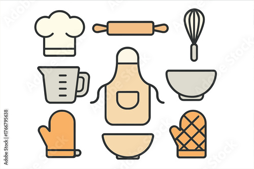 Essential baking and cooking utensils set including chef hat, apron, rolling pin, whisk, and mixing bowls