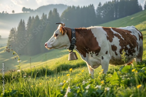 Brown and white cow standing in a green pasture in the swiss alps