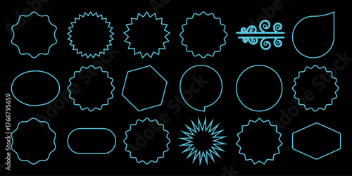 Collection of blue neon geometric and abstract shapes on a black background