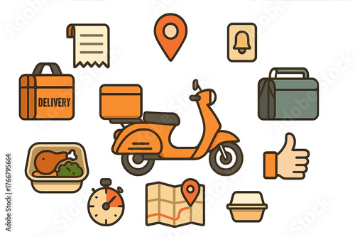 Scooter, location pin, receipt, and stopwatch representing rapid food delivery