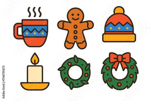 Colorful winter holiday set with gingerbread man hot cocoa mug candle and festive wreaths