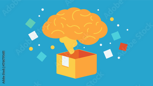 A brain with a box of jumbled memories being poured in symbolizing the overwhelming and confusing nature of remembering ones past but the ability of a reminiscence kit to make. Vector illustration
