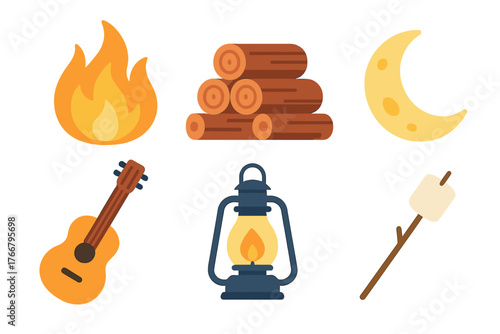 Outdoor camping and summer adventure elements including bonfire, lantern, ukulele, and wood logs