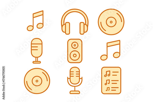 Nine essential music and sound icons including headphones, microphones, speakers, records, and musical notes