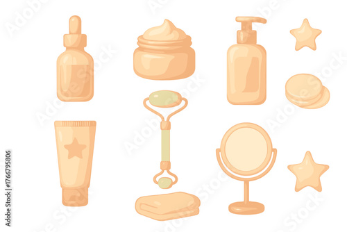 Essential beauty routine set including facial roller, moisturizer, serum, and cosmetic mirror