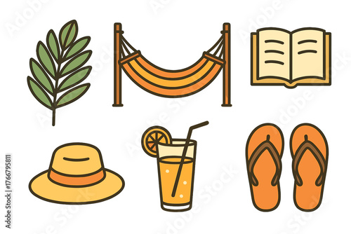 Colorful summer holiday set featuring tropical leaf, striped hammock, sun hat, refreshing drink, book, and sandals
