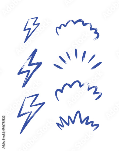 Collection of Blue Hand-Drawn Lightning Bolts and Abstract Shapes