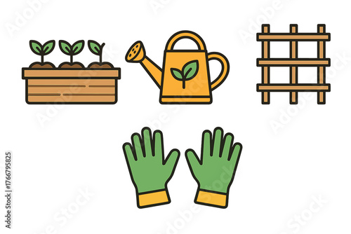 Collection of essential tools and supplies for home gardening and planting seedlings