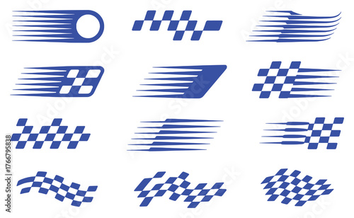 Collection of Blue Racing Flags and Speed Lines Vector Graphics