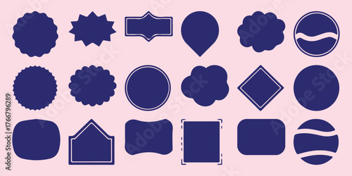 Collection of Dark Blue Shapes and Badges on a Pink Background