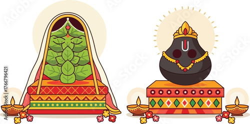 Traditional indian religious idols of deities on ornate decorative stands with oil lamps isolated on transparent background