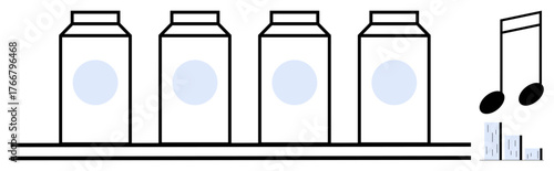 Four milk cartons aligned on a shelf with a pair of musical notes and a sound volume meter. Ideal for creativity, music, branding, advertising, minimalism, abstract concepts, simple flat metaphor