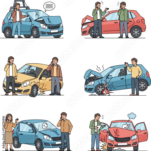  Isolated a kinds of deferent Car accident set. Characters standing near broken car and calling to insurance company or tow truck services. Auto protection concept. vector art with white background..