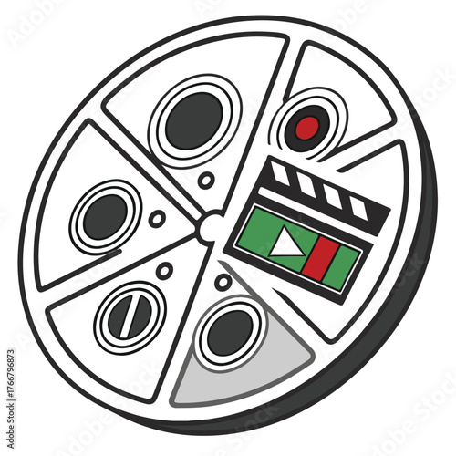 Vintage film reel circle design with detailed camera strip elements, ideal for movie posters and video editing themes