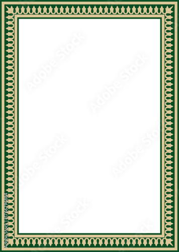 Vector gold with green square Turkish national ornament. Ottoman border, frame. Ethnic floral rectangle, Seljuk Turks pattern. Decoration of the Sultan's palaces.