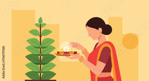 Woman in traditional indian attire performing a religious ritual with a lit diya near a sacred tulsi plant isolated on transparent background