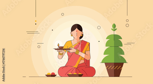 Indian woman in traditional attire performing a religious ritual with offerings and a potted plant isolated on transparent background
