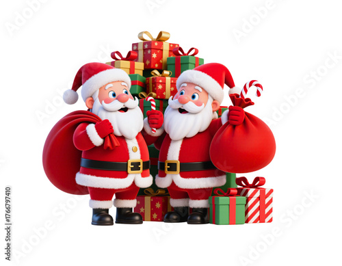 Cartoon vector illustration of Santa Claus with Christmas gifts in the snow on a winter holiday card