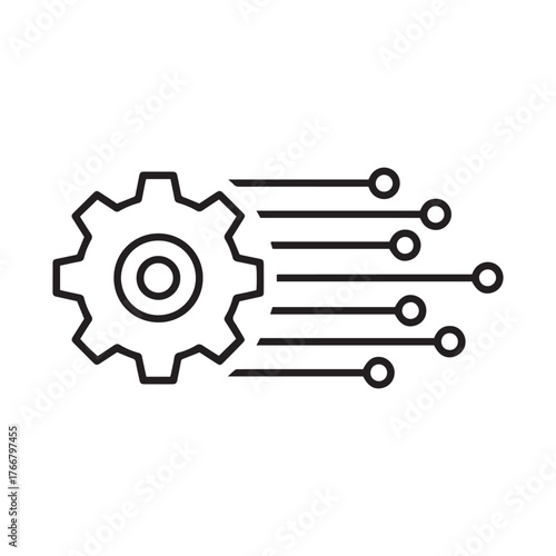 Minimalist line art icon depicting a gear connected to a series of horizontal lines curving into individual nodes
