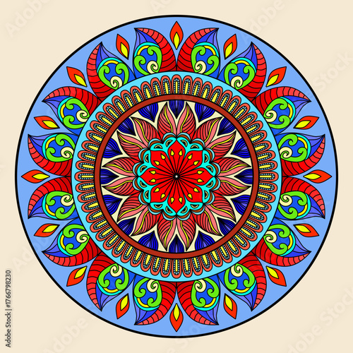 Mandala ornamental round ornament, Vector hand drawn doodle mandala. Ethnic mandala with colorful tribal ornament. Isolated, Oriental pattern, vector illustration. Islam, Arabic, Indian, Moroccan