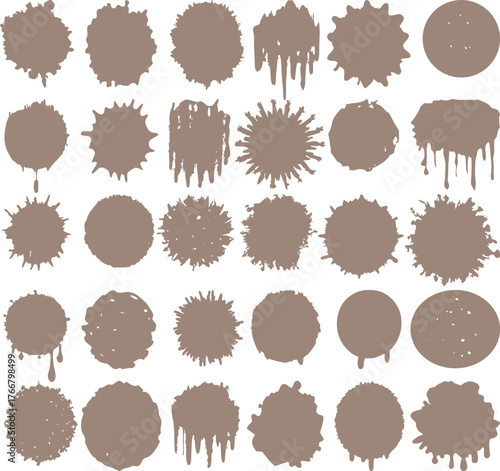 Black ink blots and splashes vector set form a seamless pattern design with round sticker elements and a vintage frame illustration