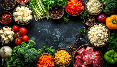 新鮮な日本の鍋料理の食材フラットレイ