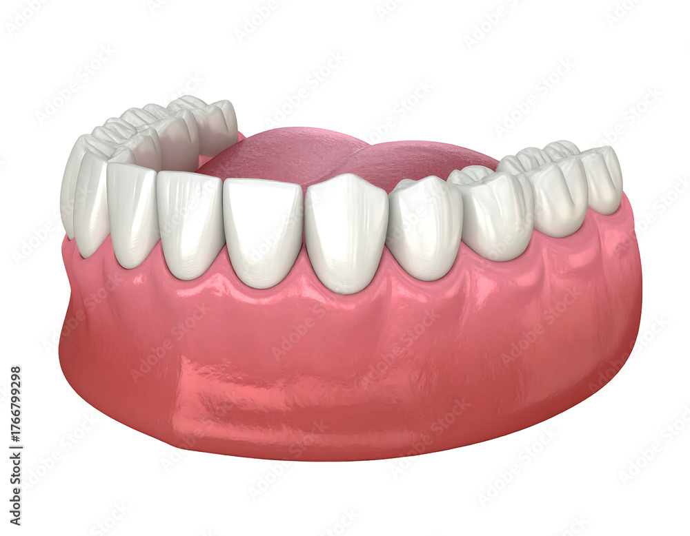 Fototapeta premium 3D render showcases clean, white teeth nestled in pink gums, on a black background, creating a bright, focused dental view