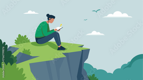 A solo traveler perches on a mosscovered rock pen and notepad in hand as they jot down their thoughts and ideas against the backdrop of a sweeping cliff face.. Vector illustration