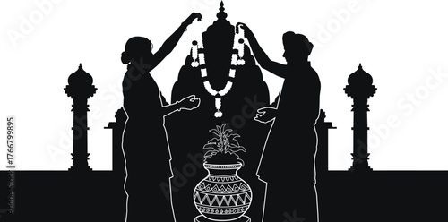 Silhouette of a hindu wedding ceremony with a couple placing a garland on a deity isolated on transparent background