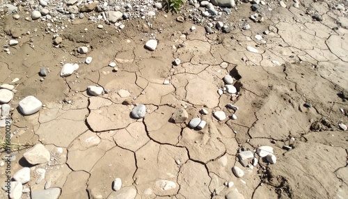 Dry riverbed with cracked clay surface and scattered smooth stones in arid summer landscape