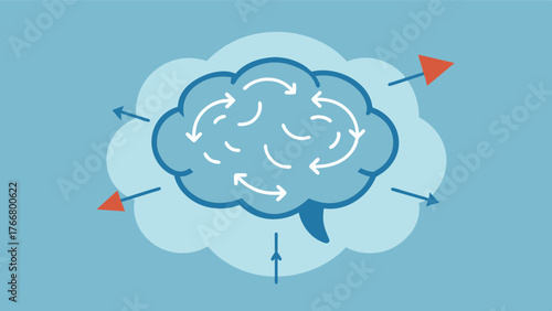 A brain with a thought bubble filled with negative words while arrows point to it with the words replace with positive affirmations showing the importance of consciously changing. Vector illustration