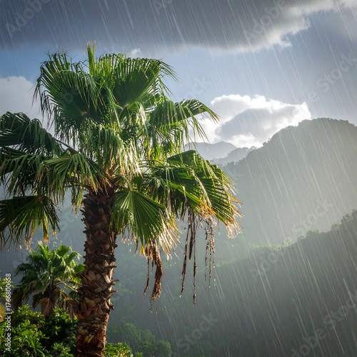 Palm tree with rain, mountains, and sun rays piercing the sky