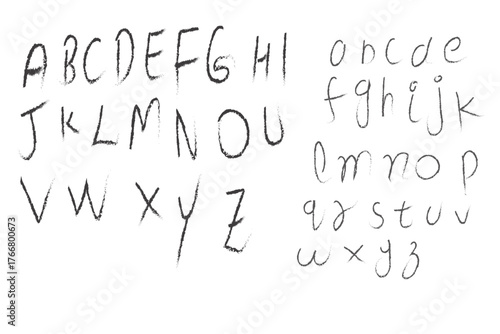 Hand drawn alphabet in pencil style on white background showing uppercase and lowercase letters for education design and creative typography