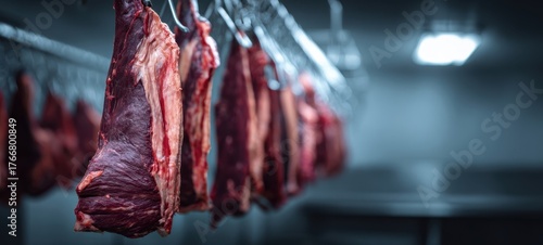 The Hanging Beef Carcasses in an Industrial Cold Room Meat Processing Facility