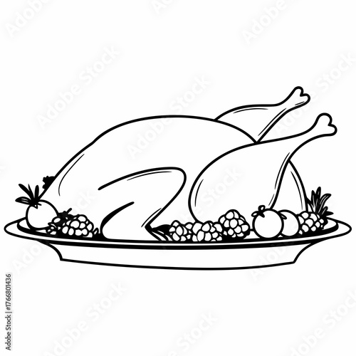 Continuous line art of a roasted turkey on a platter, minimalist style, pure white background
