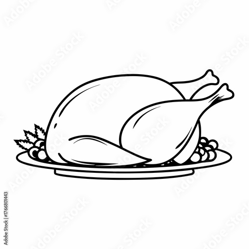 Continuous line art of a roasted turkey on a platter, minimalist style, pure white background