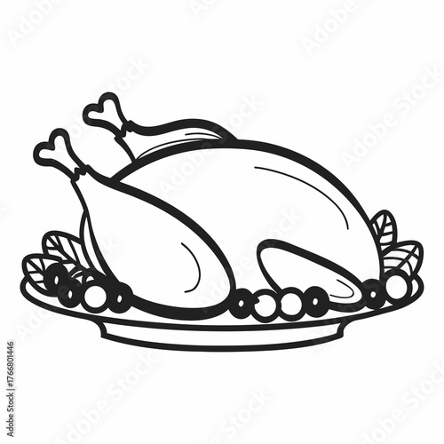 Continuous line art of a roasted turkey on a platter, minimalist style, pure white background